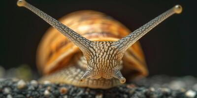 Macro image of a snail with detailed shell pattern on a moist surface, showing antennae prominently. photo