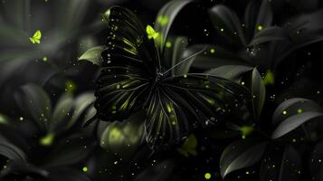 In an enchanting forest, a black butterfly with green accents flutters, enchanting the atmosphere with mystique photo