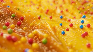 Close-up view of colorful candy sprinkles on caramel surface. A vibrant and delicious dessert scene. photo
