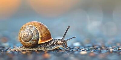 Focus on a snail moving slowly on a wet surface with a blurred background, showing natures tiny creatures photo