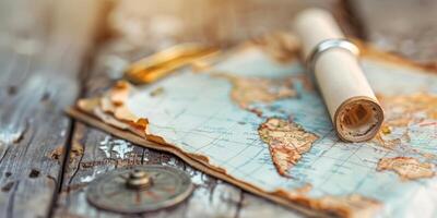 A vintage map with a compass and scroll symbolizes travel, adventure, and exploration, evoking nostalgia and discovery photo