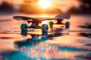 On the shiny surface, skateboards reflect sunset colors, creating an urban scene full of youthful energy and vibrancy photo