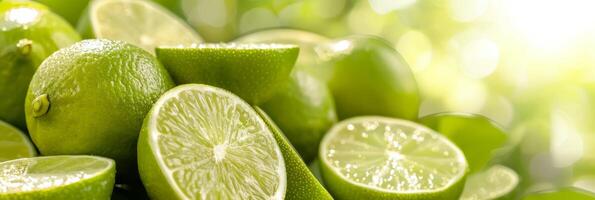 Juicy green limes with slices and leaves, captured in bright natural sunlight. Perfect for food and drink. photo