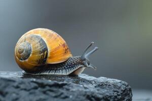 Detailed closeup of a colorful snail with intricate shell patterns, crawling on a dark rock in its natural habitat photo