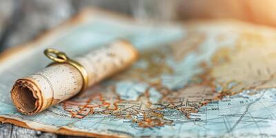 A vintage map with a scroll and a ring evokes exploration, sparking wanderlust and curiosity for historic adventures photo