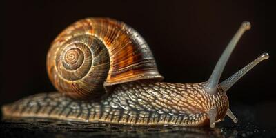 Observing a garden snail closely reveals intricate details of its spiral shell against a dark backdrop photo