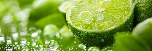 A closeup of a fresh lime slice with water droplets and green leaves, showcasing the vibrant freshness of the fruit photo