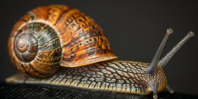 Closeup image of a snail showing its shell and antennae against a dark background, highlighting natures beauty photo