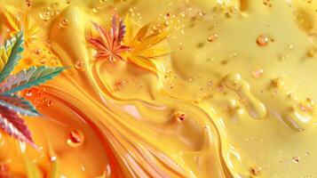 A visually striking composition of vibrant abstract art featuring colorful leaves against a yellow backdrop photo