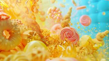 A dynamic explosion of colorful candies and sweets finely captured in mid-air against a vibrant background. photo