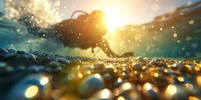 Underwater diver swims over sunlit pebbles in the ocean. Evening light and bubbles add a magical touch photo