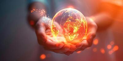 Depiction of hands cradling a luminous earth, symbolizing global connection and technological advancement photo