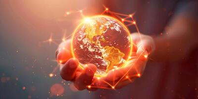 Close-up of hands holding a glowing, digitally connected Earth, symbolizing global connectivity and unity. photo