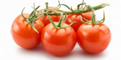 Highquality image of fresh red tomatoes on the vine against a white backdrop, showcasing vibrant colors and freshness photo