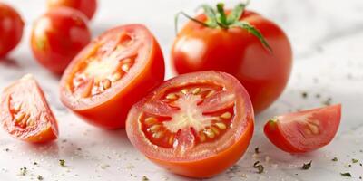 Close-up of fresh, juicy tomatoes on a marble surface, featuring whole, halved, and quartered pieces. photo