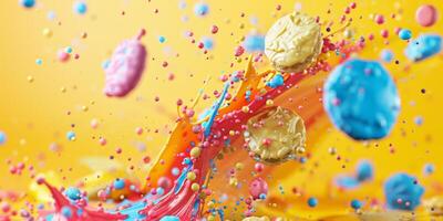 Vibrant abstract image showcasing a dynamic paint splash with sprinkles and splatters in bright colors. photo