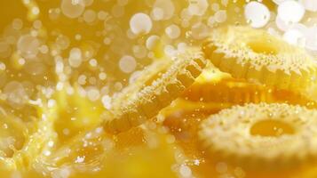 Juicy fresh pineapple slices splashing in vivid, refreshing juice, capturing the essence of summer refreshment. photo
