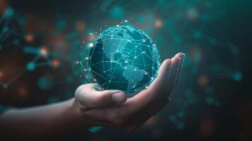 Digital globe symbolizing global connectivity held by a hand, illustrating the concept of a connected world photo