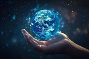A hand holds a glowing digital Earth with connecting lines, symbolizing global connectivity and technology. photo