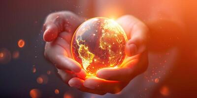 Symbolic representation of Earth held in hands with glowing energy, highlighting environmental themes. photo