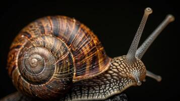 Detailed macro photograph of a snail with its shell and antennae highlighted against a dark background. photo