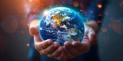 Hands cradle a radiant Earth, symbolizing global care and responsibility towards our planet and future generations photo