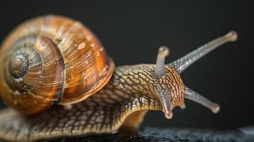Macro photography captures a detailed image of a snail, showcasing its intricate shell and antennas photo