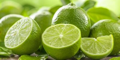 Close-up of vibrant green limes, whole and halved, with fresh leaves for culinary use and garnishing. photo