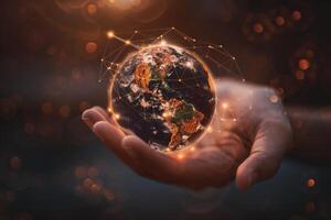 Hand with digital globe and network connections symbolizes technology and connectivity in the futuristic world photo