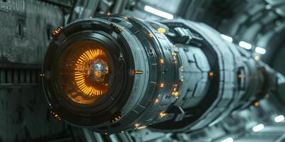 A detailed view of a futuristic spacecraft engine inside a high-tech and advanced science-fiction setting. photo