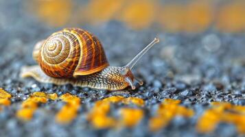 Detailed shell patterns of a spiralshelled snail are emphasized in a macro image on a textured ground photo