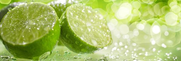 Close-up of fresh lime halves with water droplets and vibrant green bokeh background, refreshing and zesty. photo