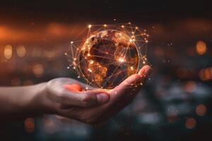 A hand holds a digital globe with network connections, representing global technology and connectivity. photo