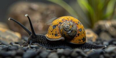 Vibrant snail with detailed shell gracefully crawling over smooth pebbles in serene outdoor setting photo