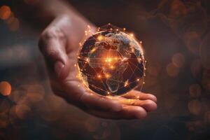 A hand symbolically holds an illuminated digital earth, representing global connectivity and interconnection photo