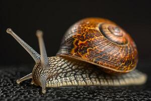 Macro photograph capturing a garden snail with intricate shell pattern and extended antennae on black background. photo