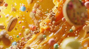 A lively, colorful display of candy and treats, swirling in a delightful chaos of confectionery art and vibrant hues photo