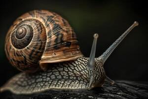 In a macro shot, a brown garden snail with detailed shell crawls on a dark surface, showcasing its intricate features photo