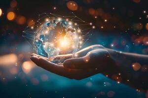 Hand presenting glowing digital globe with network connections, symbolizing technology and innovation. photo