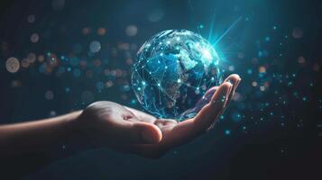 A hand cradling a digital, illuminated Earth with network connections symbolizing global connectivity. photo