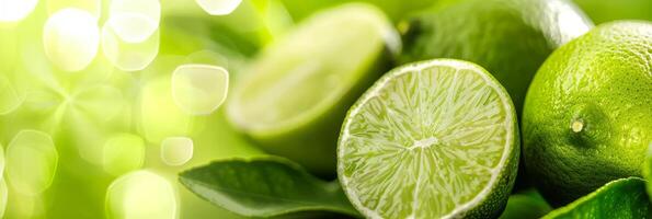 Closeup of fresh green limes with leaves, showcasing vibrant and juicy citrus fruits in natural lighting. photo