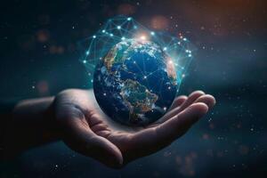 A futuristic concept of Earth shown digitally, connected through a network, all within the grasp of a hand photo