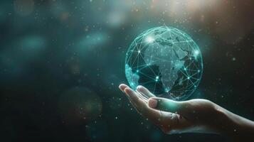 Human hand holds a digital globe with bright connected network nodes, representing global connections. photo
