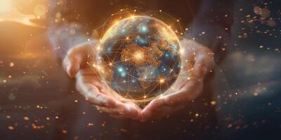 Hands holding digital globe representing global connectivity, innovation, and futuristic technology. photo