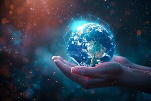 Digital Earth held by hands symbolizes global connectivity, technology, and advanced communication concepts photo