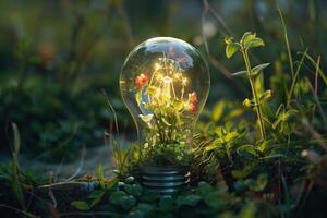 A light bulb filled with flowers symbolizes environmentally friendly energy and a vision of a more sustainable future photo