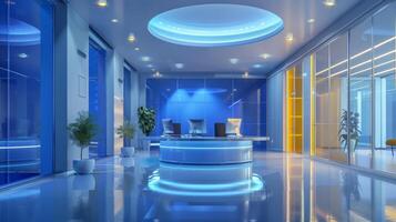 Elegant blue office reception area with sleek design, glass walls, and modern lighting for a sophisticated look photo