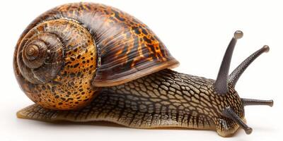 High-resolution image of a garden snail showing detailed patterns on its shell and extended tentacles. photo