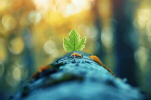 In the forest during autumn, a single green leaf springs from a log, set against a beautiful bokeh background photo