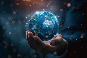 Hand holding a glowing globe with network connections. Concept of global connectivity and digital world. photo